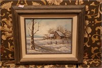 framed winter scene,oil painting, signed by artist