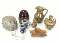 8 Pottery Pitchers Figures & Soapstone Leaf