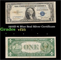 1935D $1 Blue Seal Silver Certificate Grades vf+