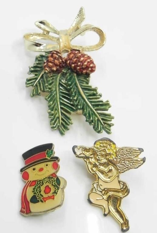 SNOWMAN, PINECONE & ANGEL PINS-GOLD TONE