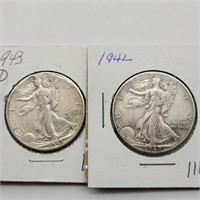 1942 & 1943 D WALKING LIBERTY HALF DOLLARS