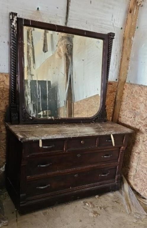ANTIQUE SIDEBOARD W/ MARBLE TOP & MIRROR