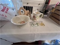 POTTERY BOWL AND MUG, PICTURE FRAME SETTEE