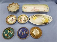 Assortment of dishes enameled brass and porcelain