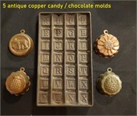 5 Antique kitchen candy chocolate molds copper