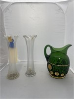 2 Glass Vases & Glass Pitcher