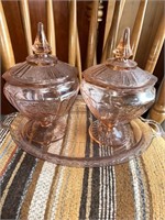 2 antique pink depression candy dishes w/tray