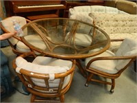 Round Cane Table with Glass Top 4 Chairs