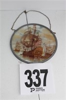 Vintage Glass & Metal Ship Chained Wall Hanging