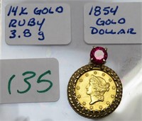 1854 Gold Dollar in 14K Gold/Ruby Bezel