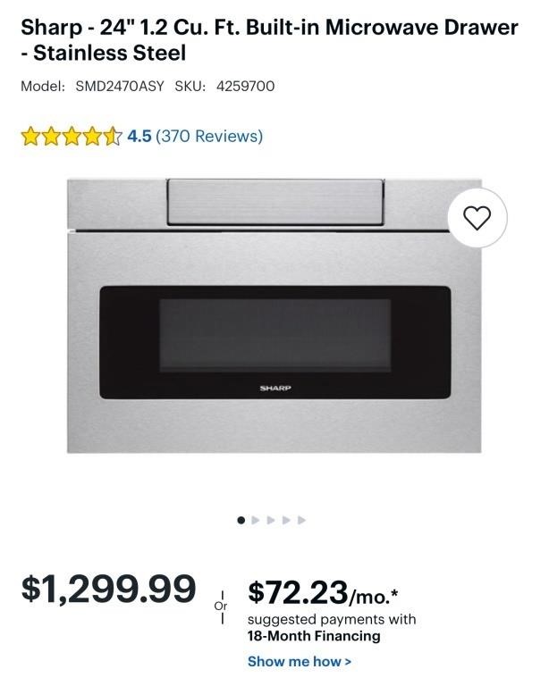 Sharp 24" 1.2 Cu Ft Built In Microwave Drawer