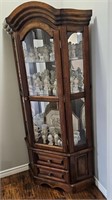 Hardwood Lighted Corner Curio With Glass Front &