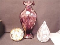 Amethyst 8" high vase and two paperweights: