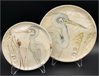 2 Elizabeth Priddy Blue Heron Pottery Plates