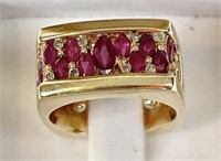 MENS 14K YELLOW GOLD RUBY AND DIAMOND RING