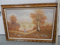 "Lakeside Picnic" painting; artist hand painted