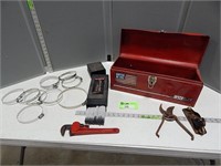 Welding rods, hose clamps, metal toolbox with some