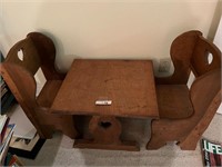 CHILDS WOODEN TABLE AND 2 CHAIRS