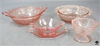 Pink Depression Glass Plate, Bowls 5 Pc