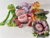 (4) New Funky Frog Plushes & DWK Frog Clock