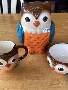 Owl cookie jar, cup & bowl