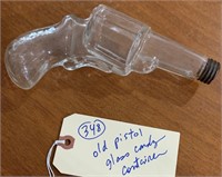 Old 6" glass pistol orig lid candy container