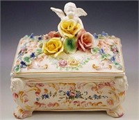 CAPODIMONTE ITALY CHERUB ROSES FIGURAL JEWELRY BOX