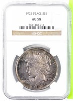 Coin 1921 Peace Silver Dollar NGC AU58 Key!