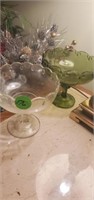 GREEN AND CLEAR GLASS PEDESTAL BOWLS