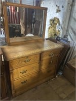 Antique, oak, dresser, and mirror