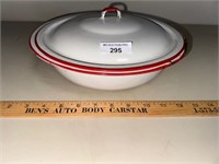 Antique 9" Red Enamelware Metal Bowl w/ lid