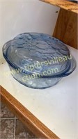 Blue glass fruit pattern oven proof covered