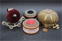 4 Antique Fancy Velvet PinCushions & Tape Measure