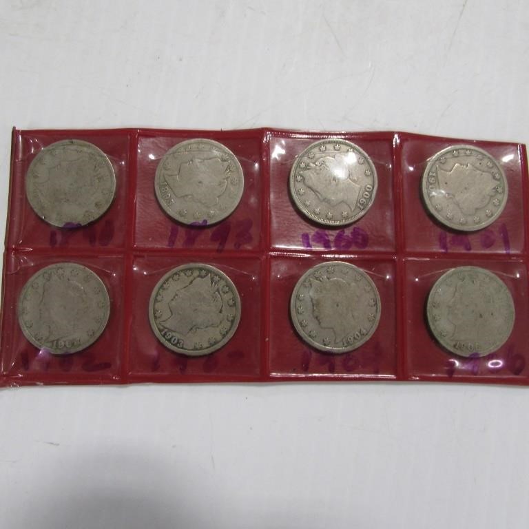 8 - EARLY US NICKELS 1890,93, 1900,01,02,03,04,06