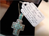 SILVER BLUE TURQUOISE CROSS PENDANT NECKLACE