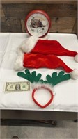 2 Santa Hats, Reindeer Antlers, Christmas Clock