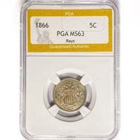 1866 Shield Nickel PGA MS63 Rays