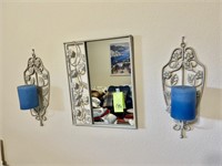 Metal Wall Mirror w/ 2 Matching Wall Sconces
