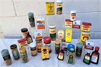 ASSORTED TIN CANS& GLASS BOTTLES OF VINTAGE SPICES