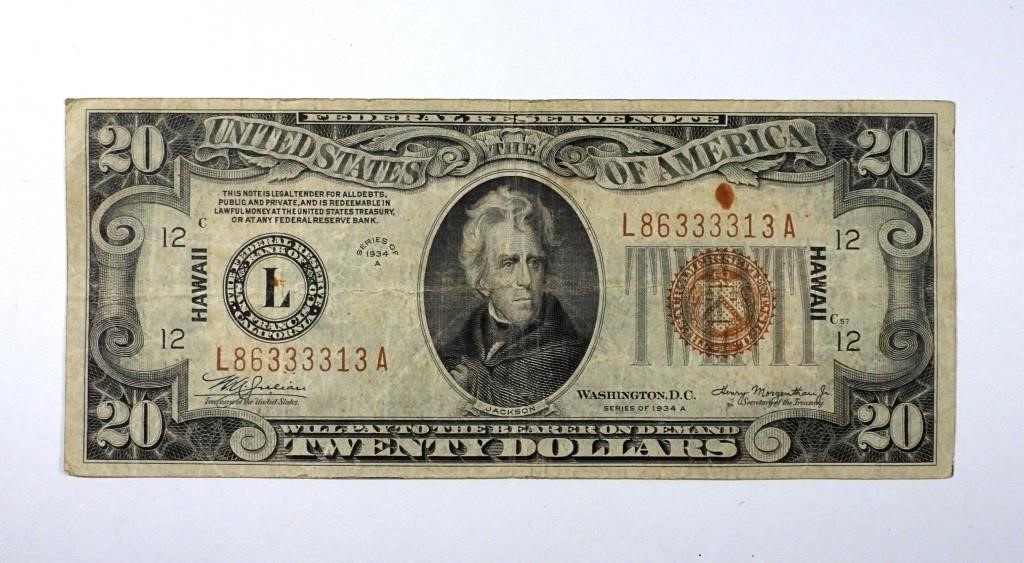 1934 $20 "HAWAII" FED RESV NOTE