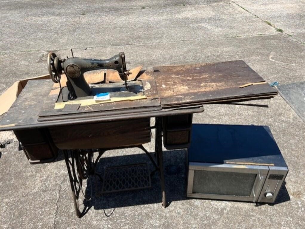 Antique Singer sewing machine, microwave