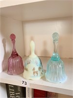 PAIR OF MATCHING BELLS, BLUE/PINK GLASS AND HAND
