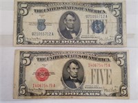 1928F Red Seal & 1934D Silver Cert. $5 Bills