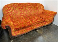 Vintage Upholstered Sofa w/ Carved Wood Trim