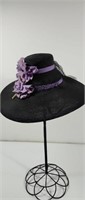 Vintage Black With Purple Flowers Sun/Church Hat