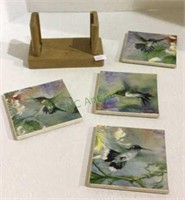 Hummingbird tile coaster set with wooden stand.