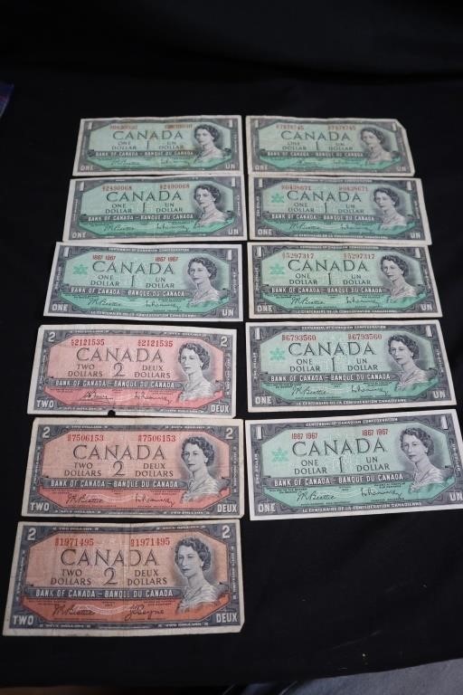 1954 series Canadian two & one dollar bills