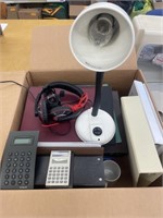 Box of 3-ring binders, desk lamp, and assorted