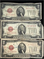 (3) 1928 TWO DOLLAR RED SEAL DOLLARS