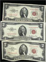 (2) 1953 & (1) 1963 TWO DOLLAR RED SEAL DOLLARS